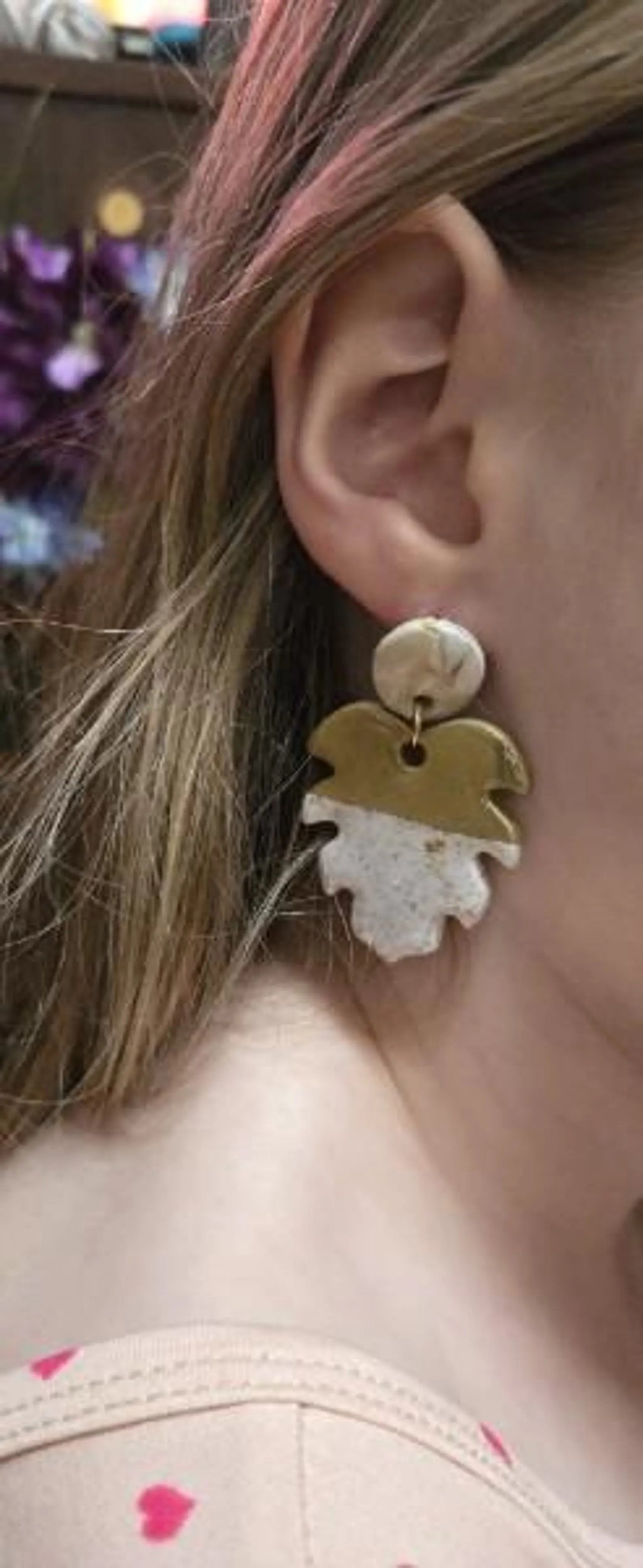 Monstera Leaf Earrings: White Gold Speckled Clay Dangles (2in Drop)