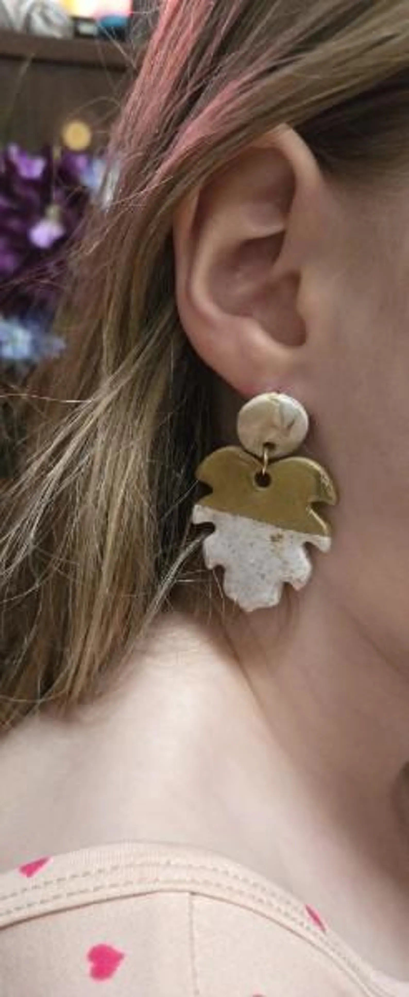 Monstera Leaf Earrings: White Gold Speckled Clay Dangles (2in Drop)