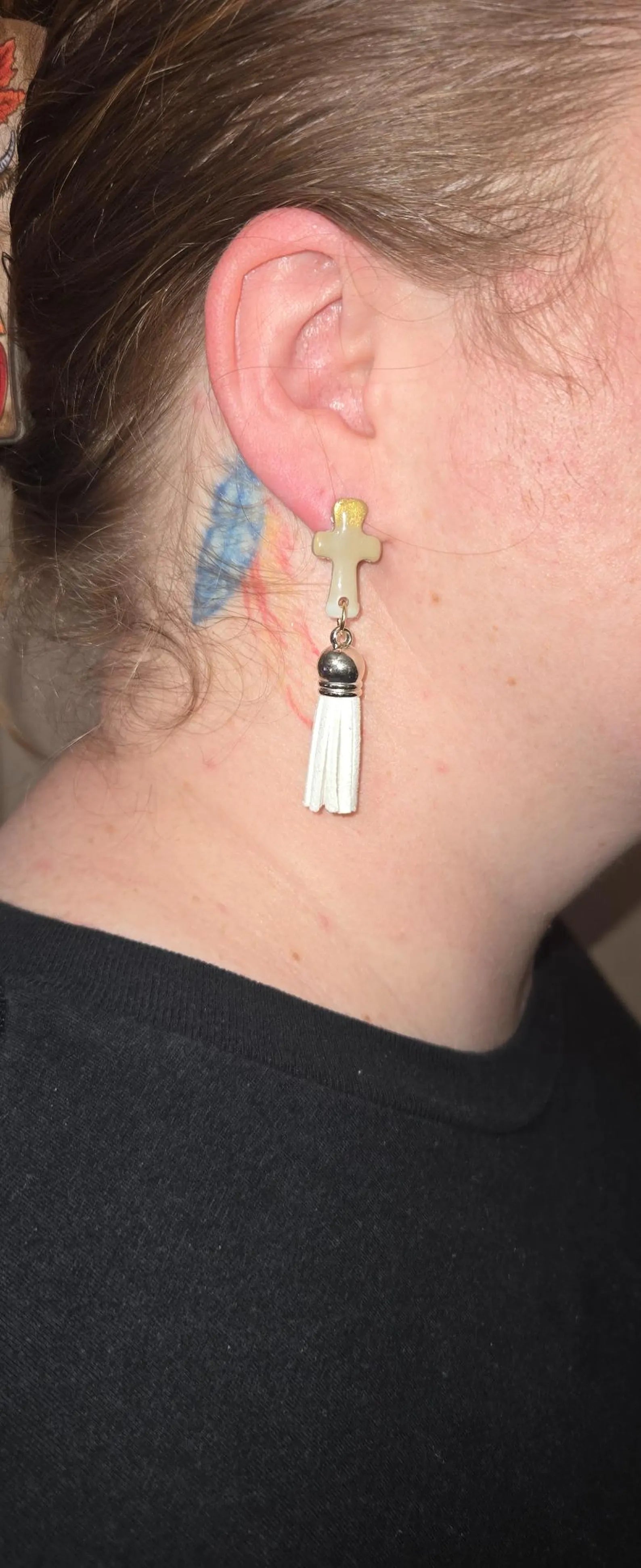 White Gold Swirl Cross Tassel Earrings – Christian Religious Jewelry