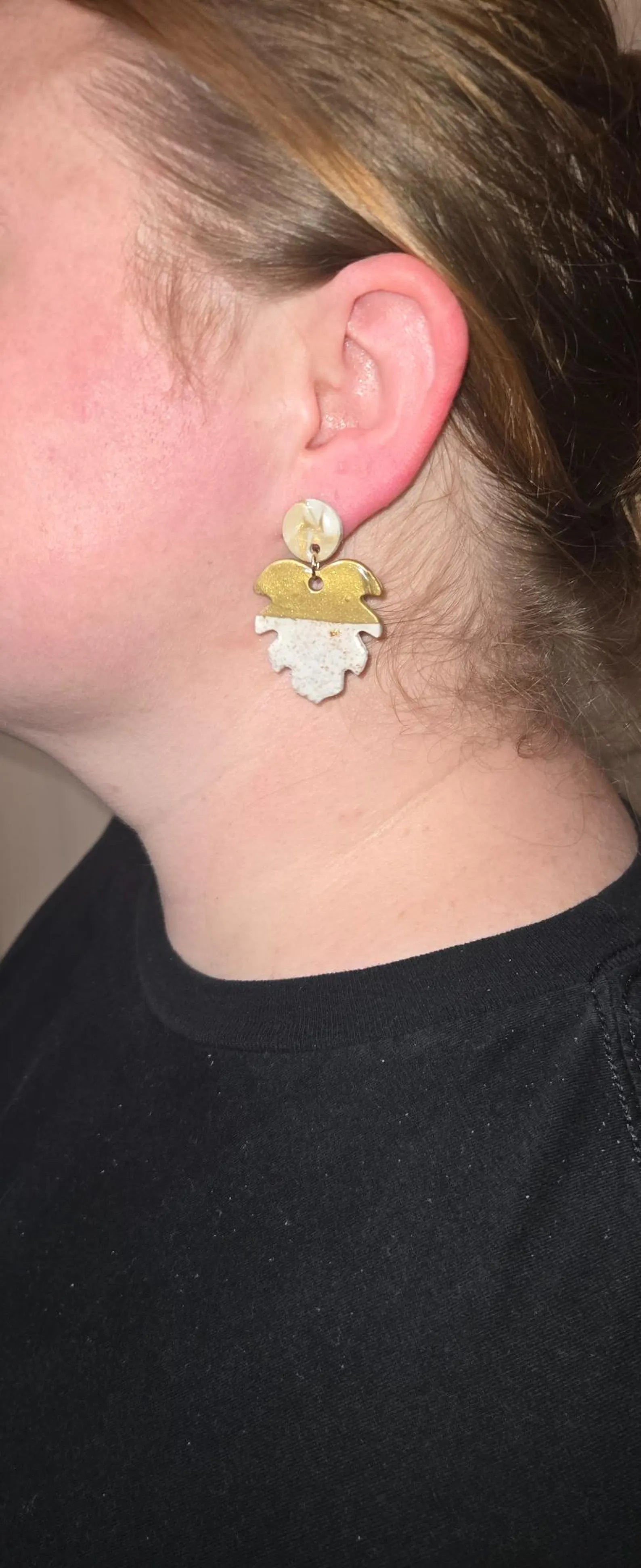 Monstera Leaf Earrings: White Gold Speckled Clay Dangles (2in Drop)